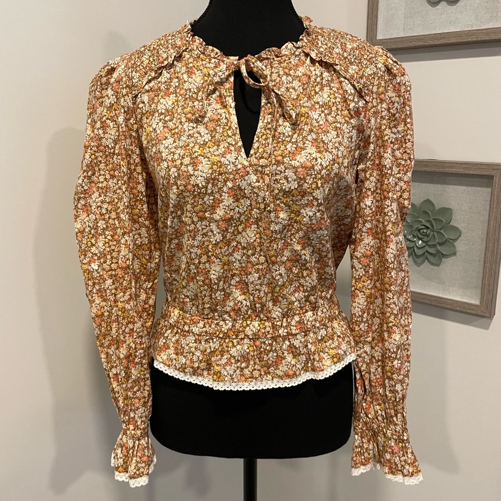 American Eagle Cottagecore Floral Peplum Blouse with Ruffles & Lace Trim NWT!